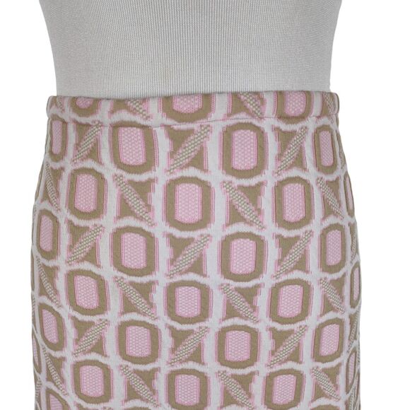 Vintage 60s Mod Knee Skirt Size XL Pink Brown Geometric Poly Jacquard - Picture 2 of 9